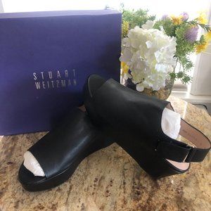 Stuart Weitzman Offset Leather Peep-Toe Wedge Sandals Black NWT & Box Size 8